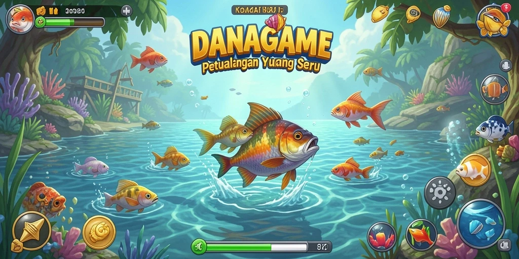 Tampilan gameplay DANAGAME saat menangkap ikan di danau yang indah.