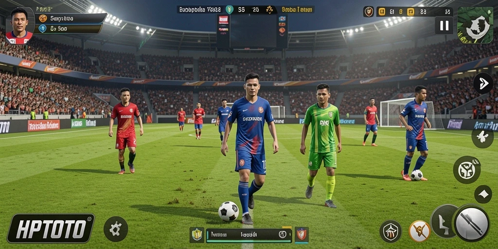 Tangkapan layar gameplay HPTOTO yang menampilkan aksi sepak bola yang menegangkan.