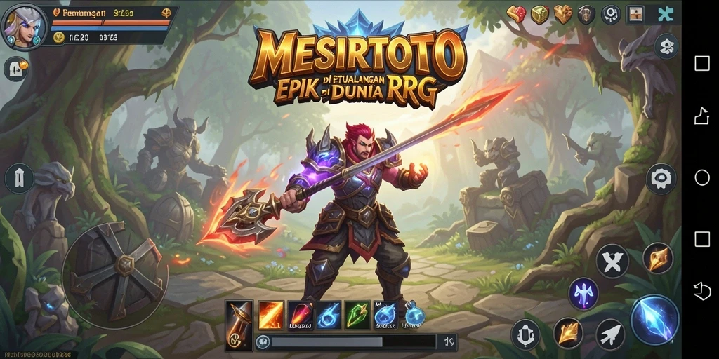 Screenshot menunjukkan pertarungan seru MESIRTOTO dengan karakter heroik.