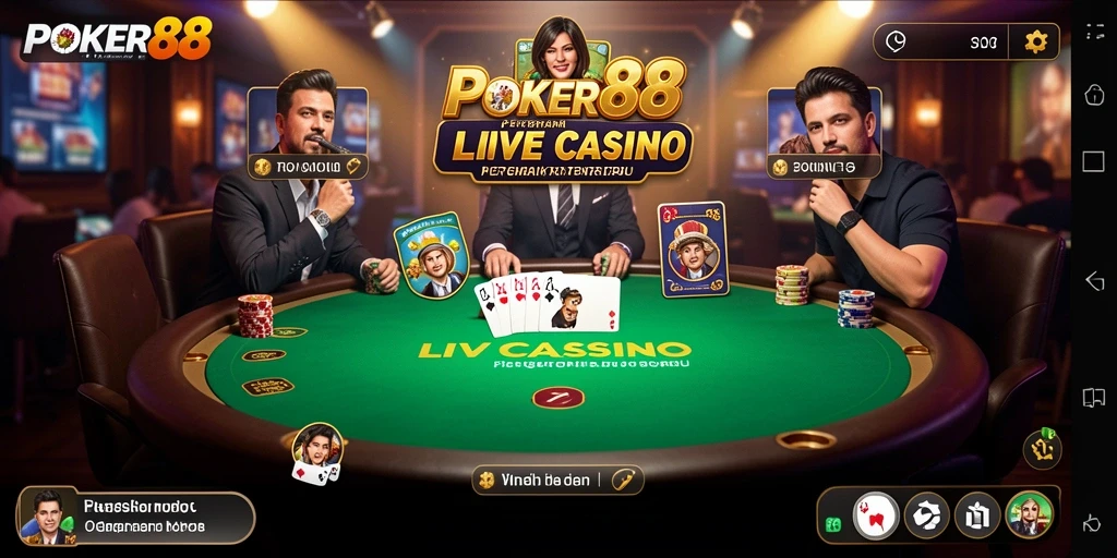 Screenshot utama POKER88 menampilkan dealer langsung dalam permainan poker yang seru.
