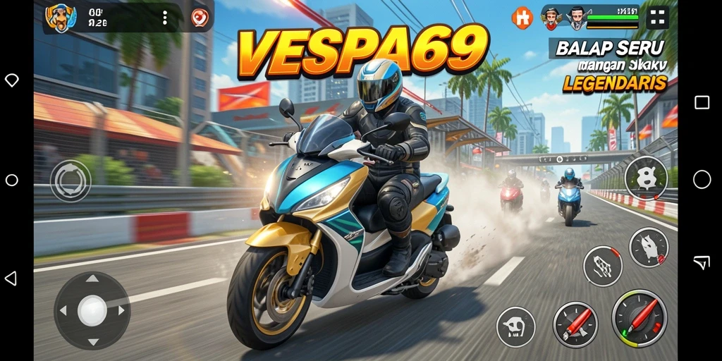 Screenshot VESPA69 menampilkan aksi balap yang mendebarkan di sepanjang trek.